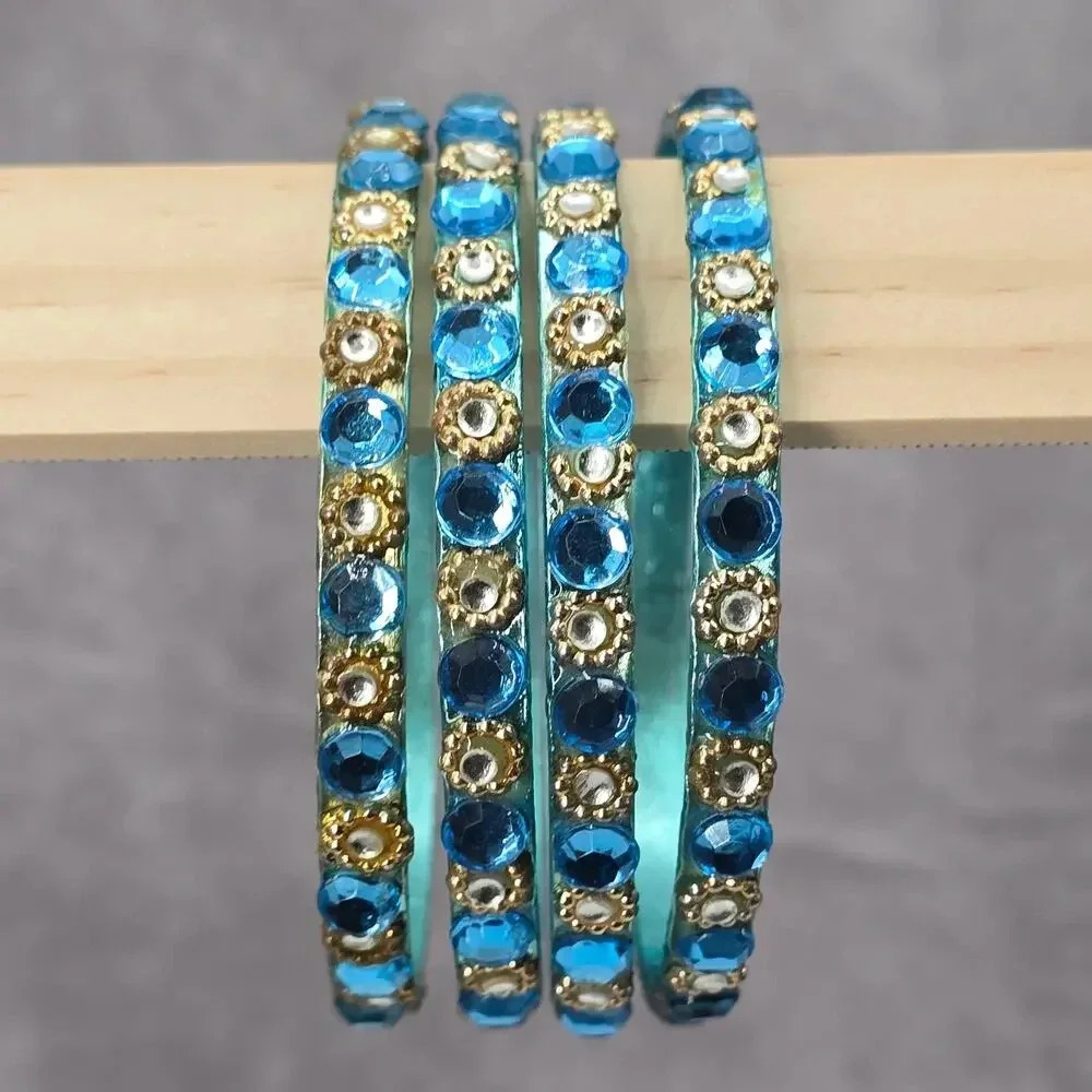 Blue Gold Floral Rhinestone Gems‎ Set of 4 Bracelets Fashion Jewelry NWOT JB4-2